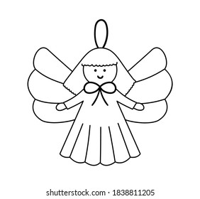 Vector black and white angel for New Year decor. Christmas tree toy isolated on white background. Cute line icon winter Holidays character for festive decorations.
