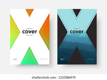 Vector black and white annual report cover design with the silhouette of the letter X, mixed gradients and photos. Template for flyer, poster, catalog.