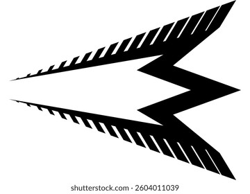 Vector black and white arrow, dynamic design, speed, energy, movement. Sportswear, toys for a sports car. Sharp design element black on a white background. Flying striped pattern. Vector background