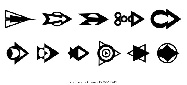 Vector black and white arrows on a white background in the shape of triangles. Ponytails arrows, cursor and pointers icons collection. Back, go to next page