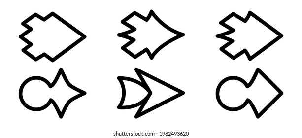 Vector black and white arrows on a white background in the shape of triangles. Ponytails arrows, cursor and pointers icons collection. Back, go to next page