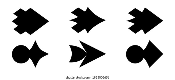 Vector black and white arrows on a white background in the shape of triangles. Ponytails arrows, cursor and pointers icons collection. Back, go to next page