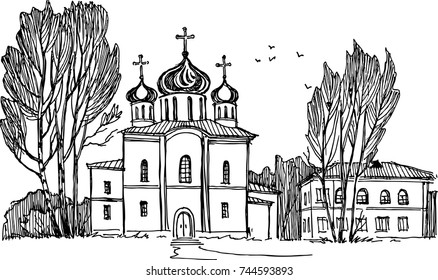 Vector black and white art with church