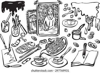 Vector black and white art and tea illustrations
