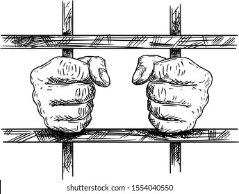 Vector Black And White Artistic Drawing Of Hands Of Prisoner In Prison Cell Holding Iron Bars.