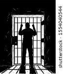 Vector black and white artistic hand drawing of prisoner in prison cell holding iron bars. Light coming from outside is casting shadow.