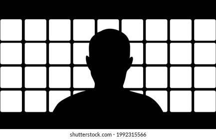 Vector Black And White Artistic Hand Drawing Of Prisoner In Prison Cell Holding Iron Bars. Light Coming From Outside Is Casting Shadow.