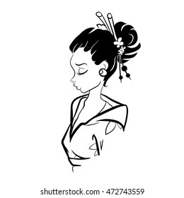 Vector Black and White Asian Geisha Woman Illustration