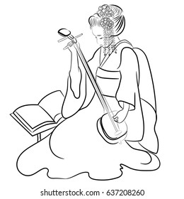 Vector Black and White Asian Geisha Woman Illustration. Playing music geisha