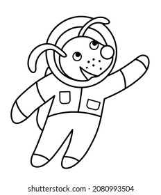 Vector black and white astronaut dog illustration for children. Outline smiling animal cosmonaut icon isolated on white background. Space exploration coloring page for kids  
