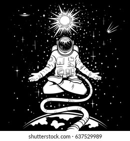 Vector Black and White Astronaut in the Lotus Position in Space Illustration