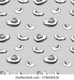 Patrón transparente de aguacate negro y blanco vectorial, plantilla de fondo rayado, color gris, fondo gráfico abstracto, ilustración dibujada a mano.