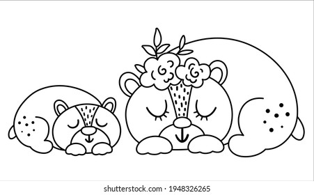 Vector black and white baby bear with parent. Funny bohemian style woodland animal scene showing family love. Cute boho illustration for card, print, stationery design. Forest line icon
