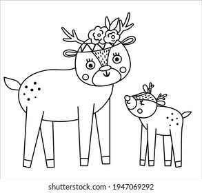 Vector black and white baby deer with parent. Funny bohemian style woodland animal scene showing family love. Cute boho illustration for card, print, stationery design. Forest line icon
