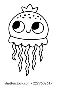 Vector black and white baby jellyfish icon. Under the sea line illustration with cute funny jelly fish. Ocean animal clipart. Cartoon underwater or marine clip art or coloring page for children
