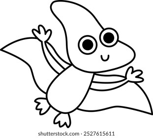 Icono de pterodactilo de bebé blanco y negro Vector. Lindo pequeño dinosaurio con alas ilustración para niños. Línea divertida Clipart de niño dino para niños aislados en blanco. Dibujos animados de animales prehistóricos para colorear