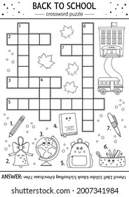 Vector black and white back to school crossword puzzle for kids. Simple line quiz with school objects for children. Educational autumn activity or coloring page with cute funny kawaii characters
