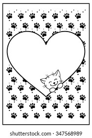 Vector black and white background with footsteps, heart and cat