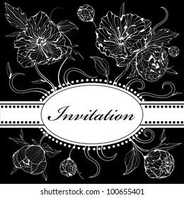 Vector black and white background (invitation) with gentle peony flowers