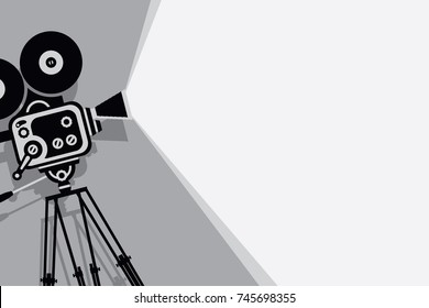 Vector black and white background with lighting old fashioned movie camera on the tripod. Can used for banner, poster, web page, background