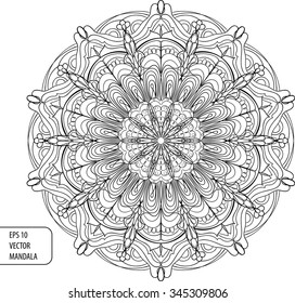 Vector black and white background with 
mandala ornament. EPS 10 vector illustration. Line-art style. Graphic art.
