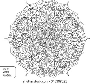 Vector black and white background with 
mandala ornament. EPS 10 vector illustration. Line-art style. Graphic art.
