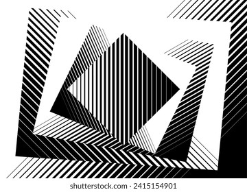 Vector black and white background of swirled striped rectangles. Strict black and white pattern of lines. Halftone