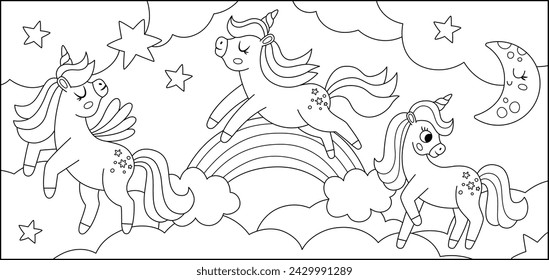 Vector de fondo blanco y negro con unicornios, arco iris, nubes, estrellas. Escena de línea de mundo de magia o fantasía. Cuento de hadas horizontal paisaje o página para colorear. Lindo caballo ilustración para niños 
