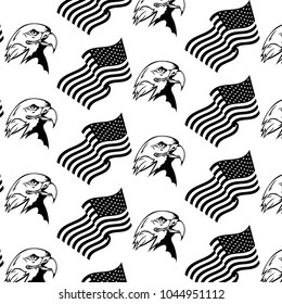 Vector black and white background with a white-headed eagle and the flag of the United States of America. Symbols of the USA