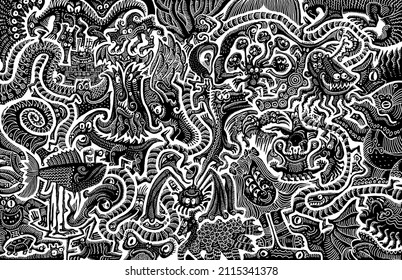 Vector black and white background in woodcut style consisting of a texture filled with funny aliens 