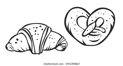 Vector black and white baking illustration. Croissant and pretzel isolated.