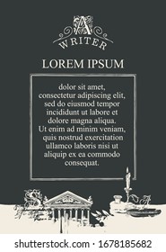 Vektorillustration schwarz-weißer Banner oder Hintergrund auf einem Schriftthema im Vintage-Stil mit Zeichnungen und Platz für Text in einem Rahmen. Künstlerische Illustration mit Kerze, Tintenfisch, Feder, architektonischer Fassade