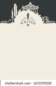 Vektorillustration schwarz-weißer Banner auf einem Schriftthema im Vintage-Stil mit Zeichnungen und Platz für Text. Künstlerische Illustration mit Nib, Kerze, Feder, Tintenfisch, architektonische Fassade. Schreibtisch
