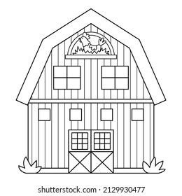 Vector black and white barn icon isolated on white background. Farm shed outline illustration. Cute line woodshed with windows and hen in the nest. Rural garden outhouse picture or coloring page
