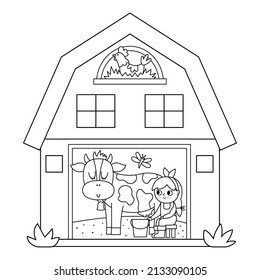 Vector black and white barn icon with girl milking cow inside. Outline farm shed coloring page. Woodshed with windows and hen in the nest. Rural or garden outhouse illustration
