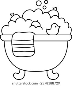 Vector black and white bathtub icon filled with water, foam, with floating tangerines, duck, towel. Cute line bubbling bath illustration isolated on white background. Funny tub clipart, coloring page