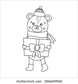 Vector black and white bear in hat and scarf with gift box. Cute winter animal line illustration with present in hands. Funny Christmas card design. New Year print or poster template
