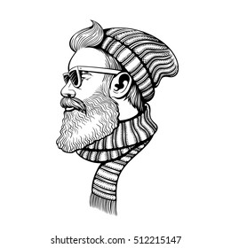 Vector Black and White Bearded Man Illustration