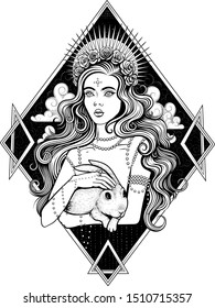 Vector Black and White Beautiful Goddess Woman Illustration