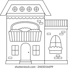 Vector blanco y negro hermoso ícono de la casa. Ilustración de línea de edificio residencial. Linda casa de campo con flores. Divertida pequeña ciudad o ciudad para colorear página con techo, paredes, terraza
