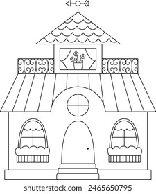 Vector blanco y negro hermoso ícono de la casa. Ilustración de línea de edificio residencial. Linda casa de campo con flores. Divertida pequeña ciudad o ciudad para colorear página con techo, paredes, persianas
