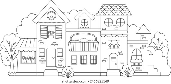 Vector black and white beautiful house surrounded by garden. Residential building line illustration. Cute cottage with flowers. Funny little town or city coloring page with roof, walls, shutters
