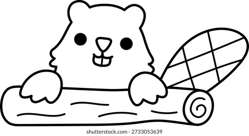 Vector castor blanco y negro en un ícono de registro. Lindo bosque de línea o animal de bosque. Adorable ilustración o página para colorear para los niños. Personaje divertido con pedazo de madera y cola
