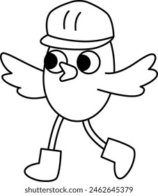 Vector black and white bird in hard hat. Construction site worker line illustration or coloring page for kids. Funny builder animal character. Cute repairmen icon isolated on white background
