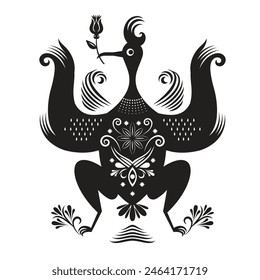 Vector black and white Bird illustration, Folk Art, linocut style.  