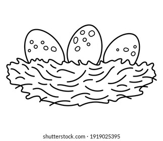 Vector black and white bird nest with eggs, icon. Outline farm or Easter illustration isolated on white background. Cute spring picture or coloring page for kids