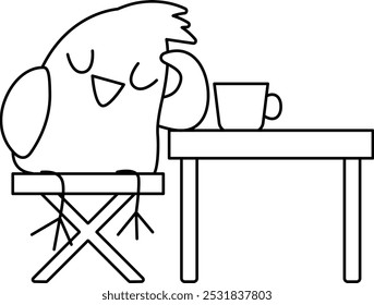 Vector pájaro blanco y negro durmiendo junto a la mesa con el icono de la tetera y la taza de té. Arqueólogo de dibujos animados animal Clipart. Excavación histórica de dinosaurios o excavaciones, ilustración de la línea del explorador
