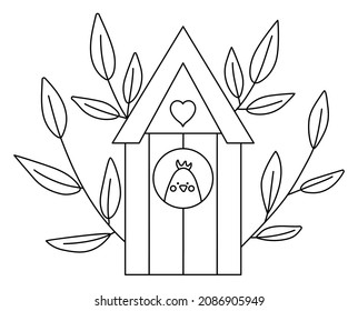 Ilustración vectorial en blanco y negro con ramas de árbol y polluelo en el interior. Icono de línea de cuadro o página de color. Página de coloreado de la casa estelar. Símbolo tradicional de primavera y elemento de diseño. 
