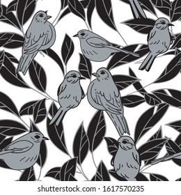 Vector black and white birds leaf seamless background pattern.
