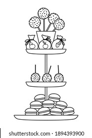 Postres vectoriales de cumpleaños en blanco y negro en un estrado. Cute contorno divertido celebración ilustración de regalo para tarjeta, diseño de impresión. Icono luminado de la línea de vacaciones para niños con copas de pasteles, macarons